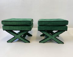 Pair of Green and Brown Mohair X Base Ottomans by Billy Baldwin