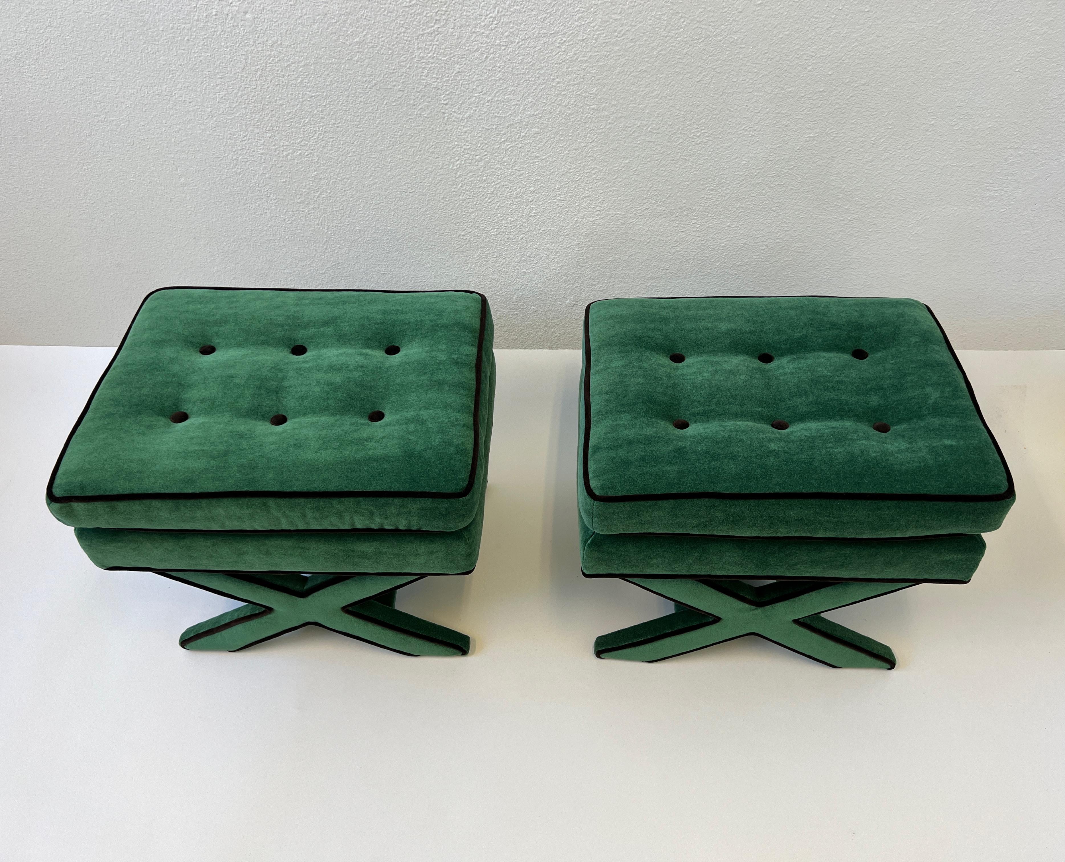Mid-Century Modern Pair of Green and Brown Mohair X Base Ottomans by Billy Baldwin  For Sale