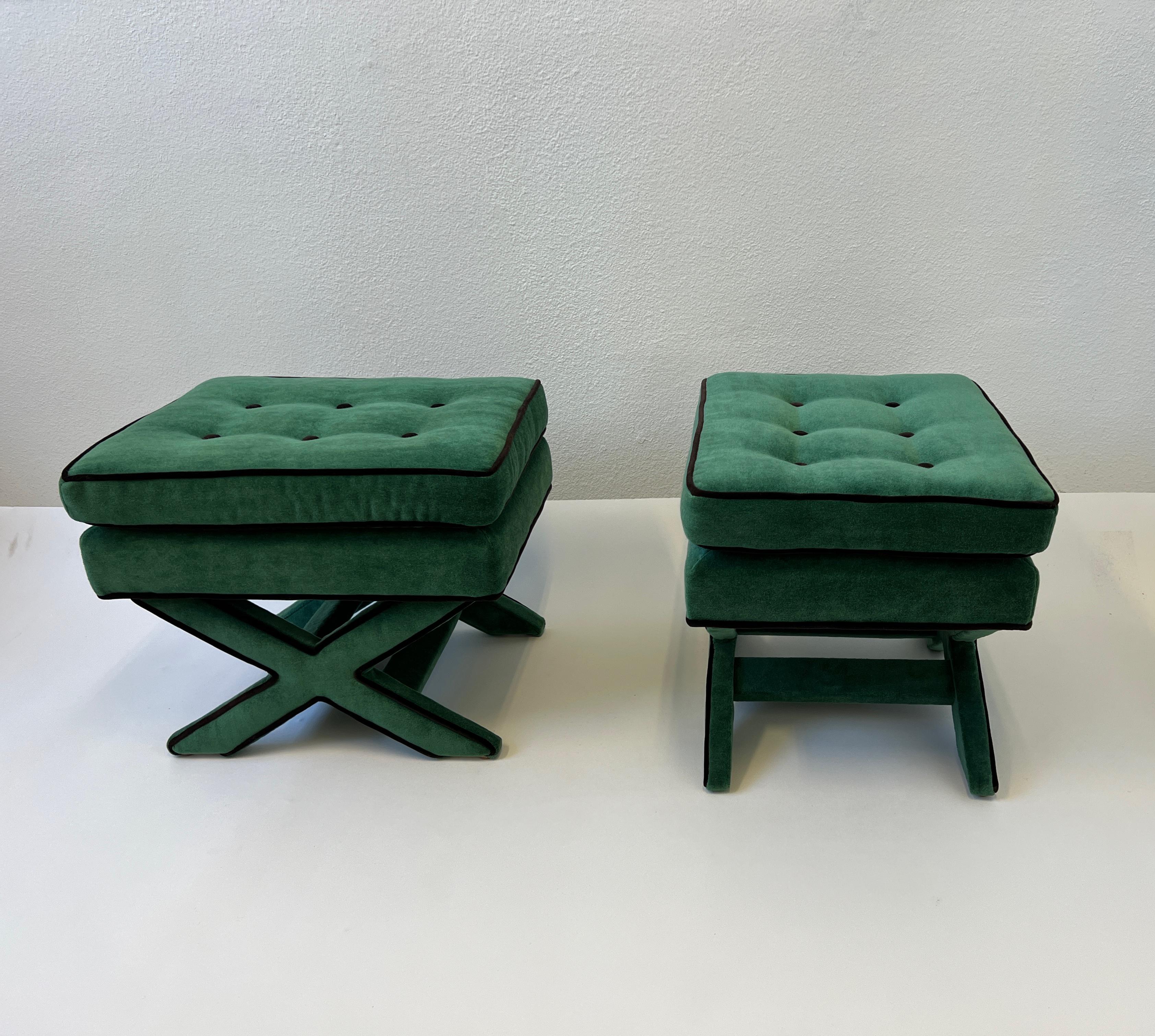 Pair of Green and Brown Mohair X Base Ottomans by Billy Baldwin  In Excellent Condition For Sale In Palm Springs, CA
