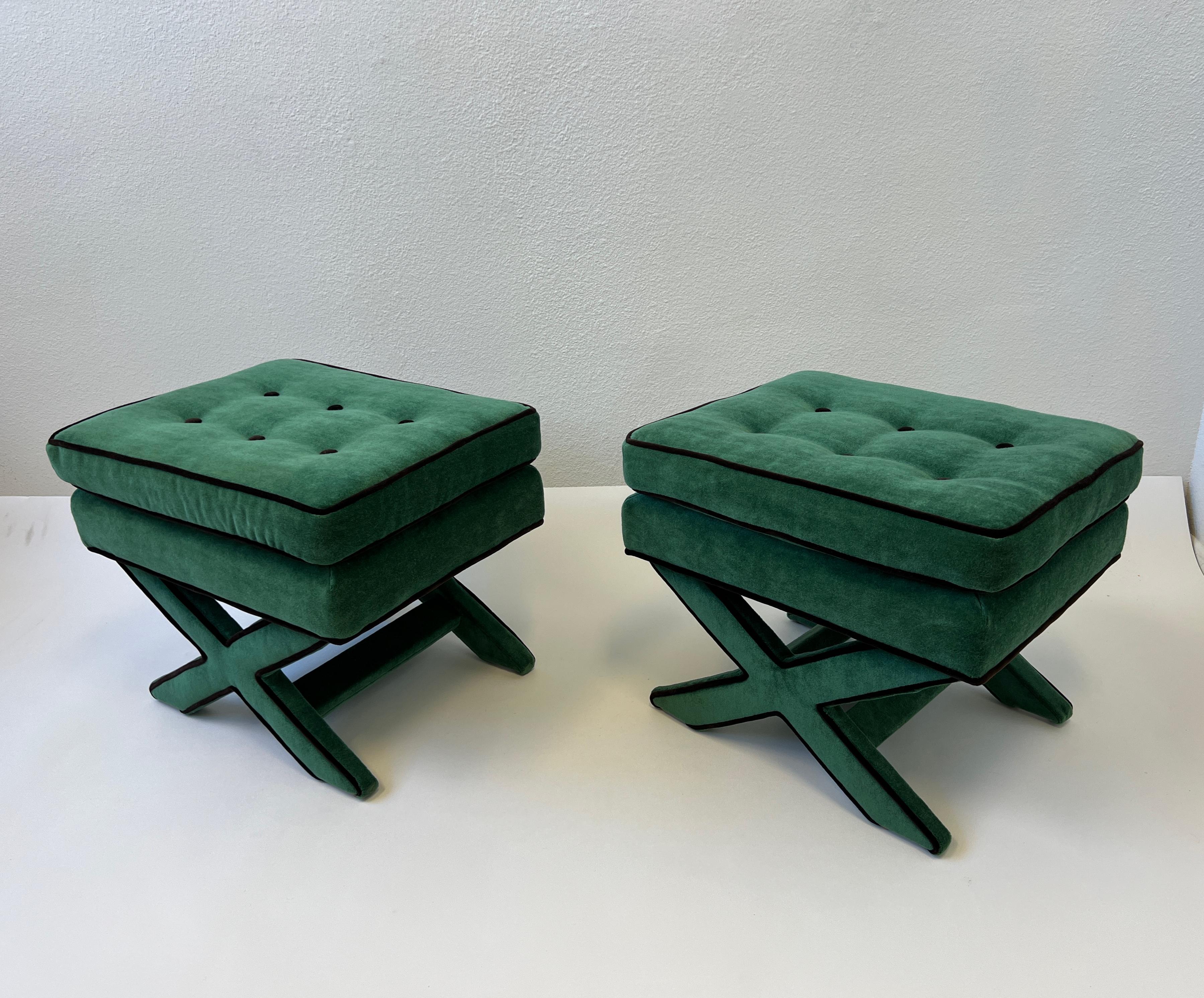 Mid-20th Century Pair of Green and Brown Mohair X Base Ottomans by Billy Baldwin  For Sale