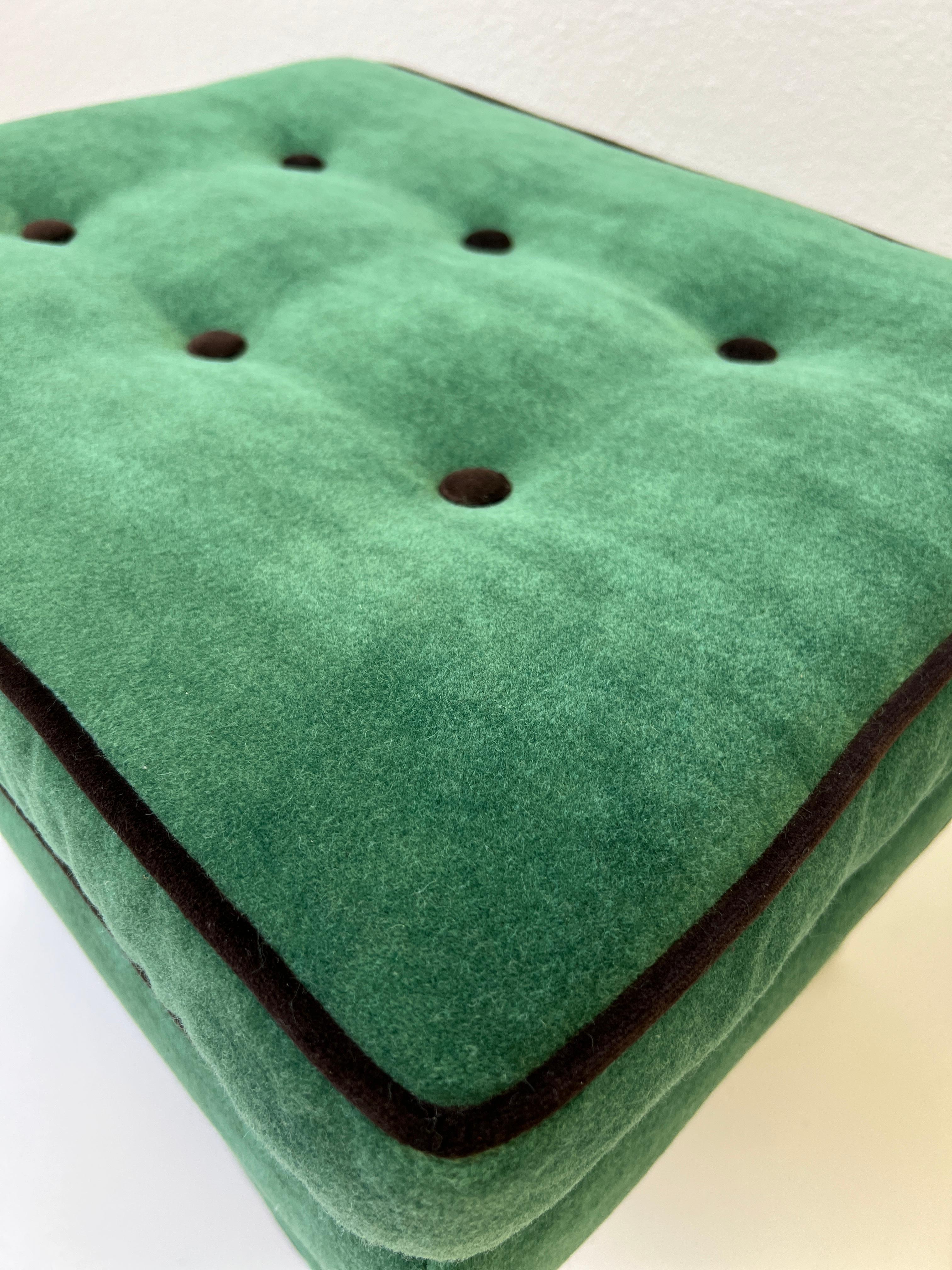 Pair of Green and Brown Mohair X Base Ottomans by Billy Baldwin  For Sale 1