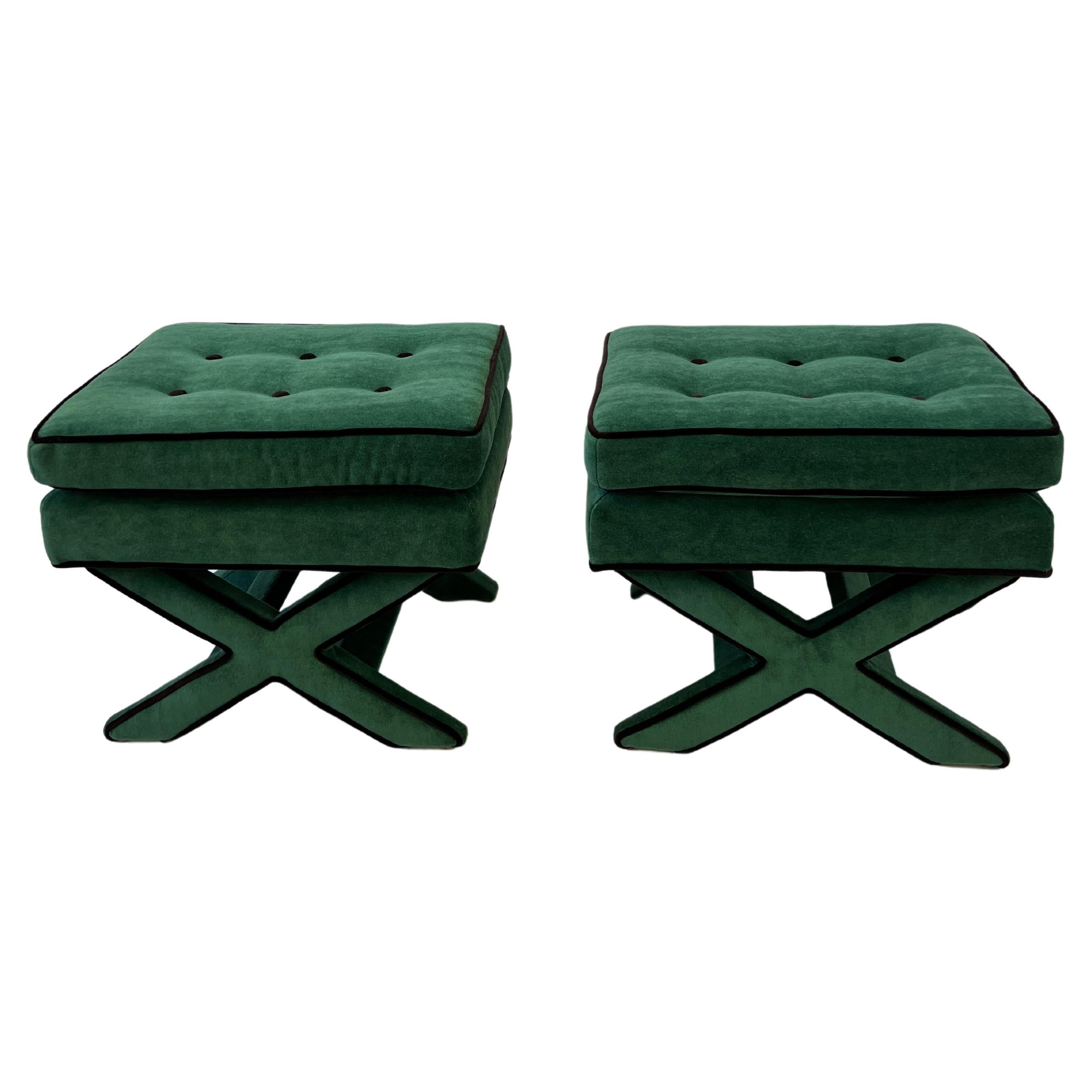Pair of Green and Brown Mohair X Base Ottomans by Billy Baldwin  For Sale