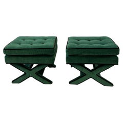 Pair of Green and Brown Mohair X Base Ottomans by Billy Baldwin 