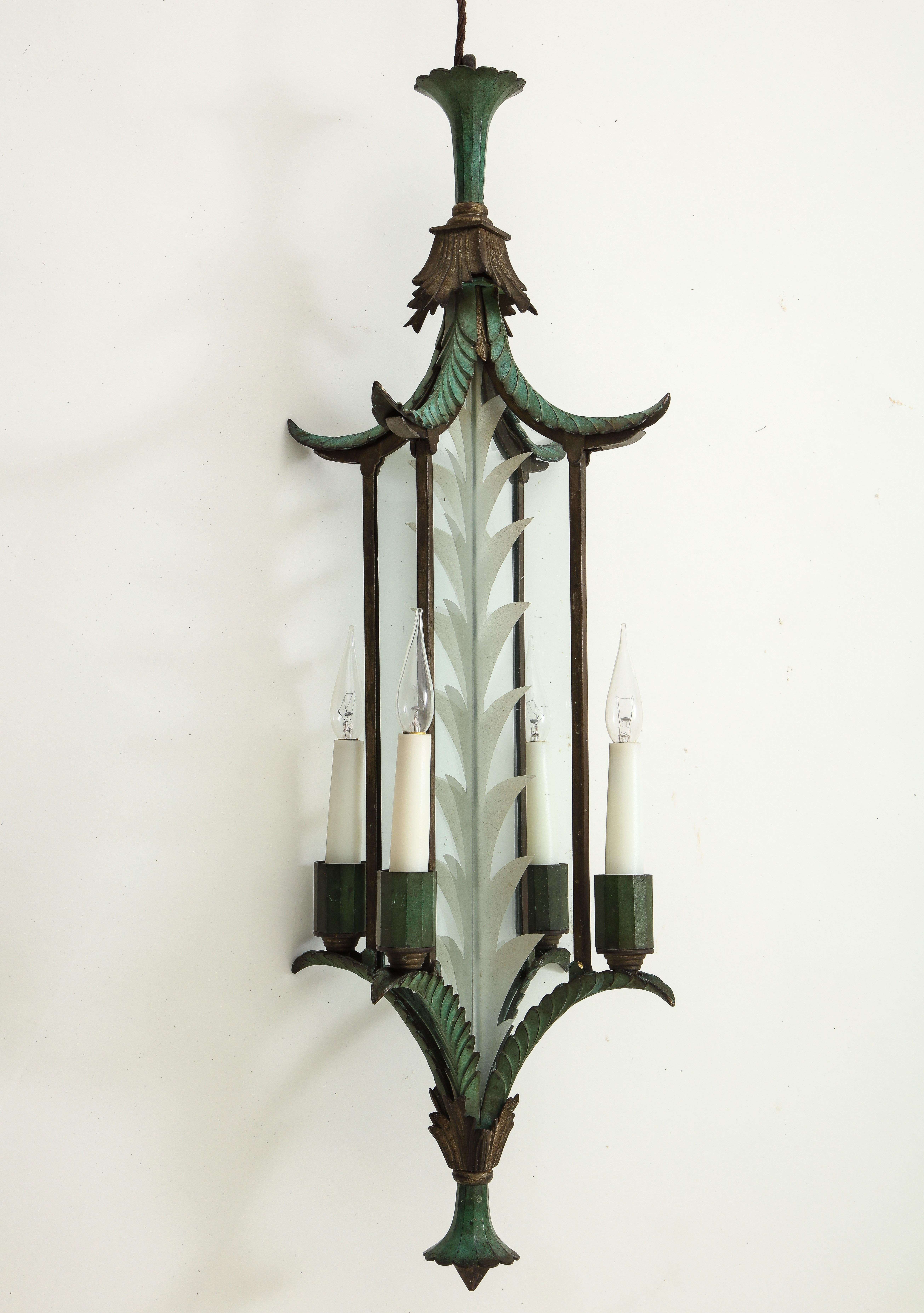 Chinoiserie Pair of Green and Gilt-Painted Bronze and Glass Hanging Lanterns