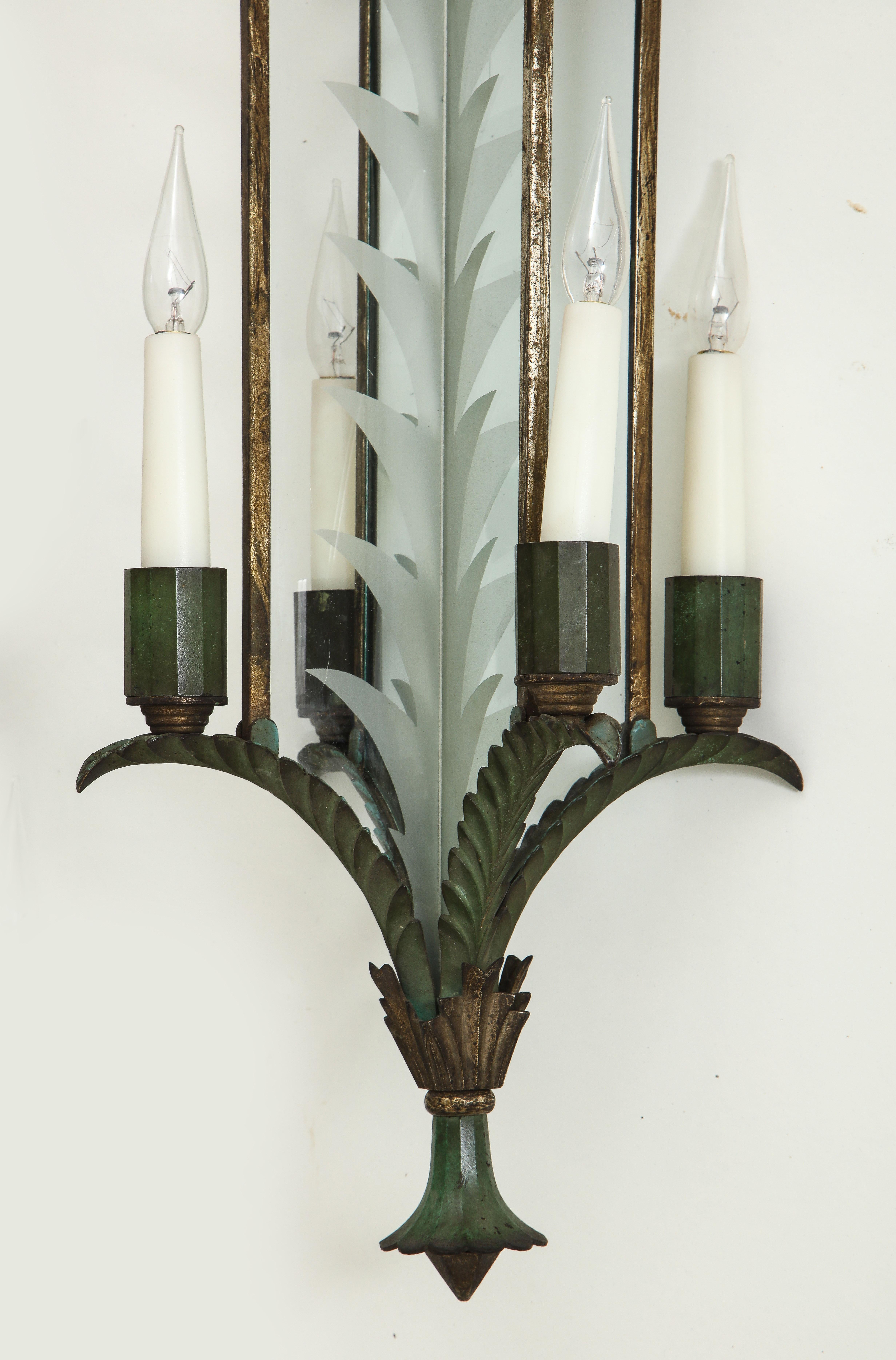 20th Century Pair of Green and Gilt-Painted Bronze and Glass Hanging Lanterns