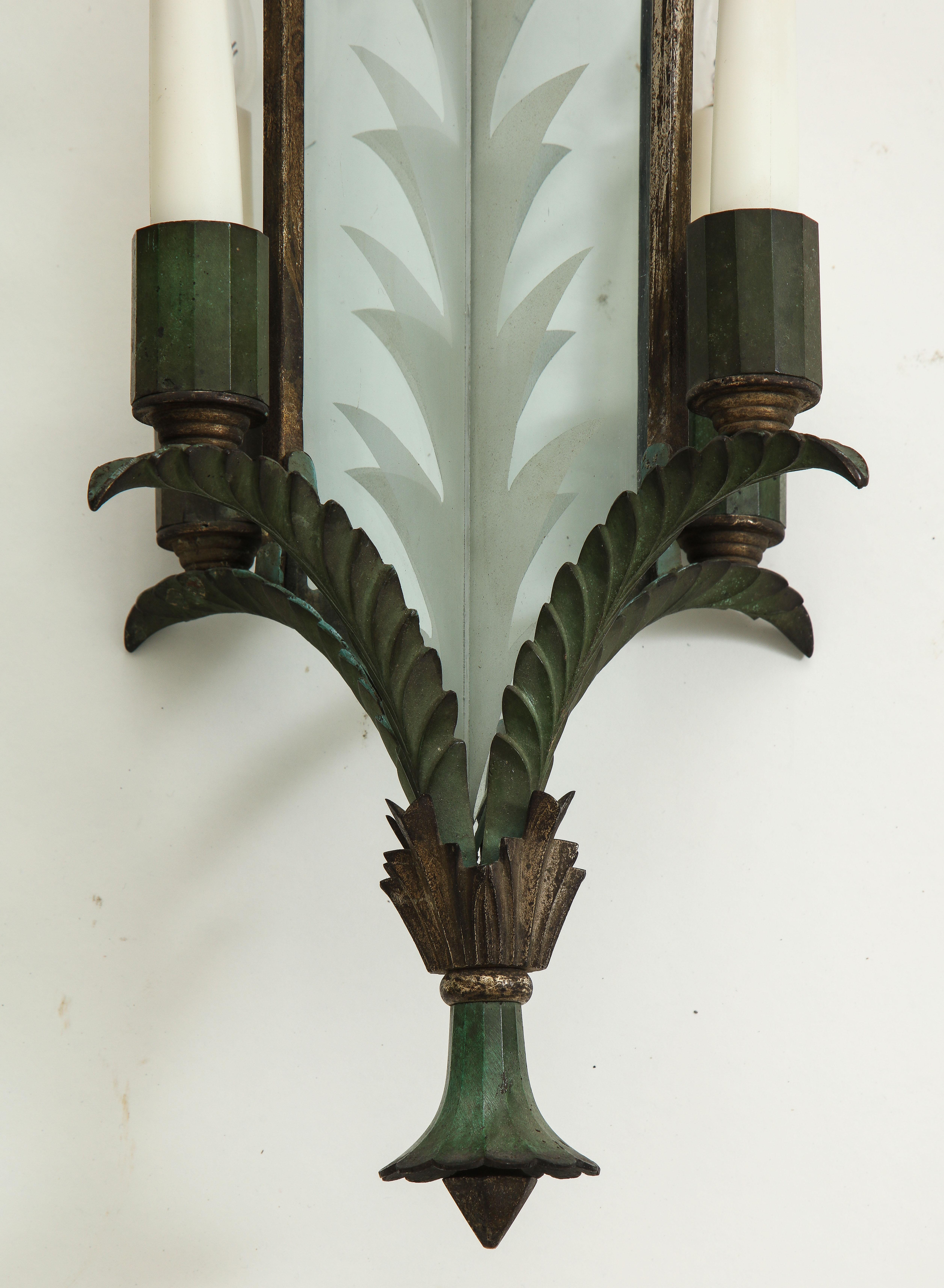 Pair of Green and Gilt-Painted Bronze and Glass Hanging Lanterns 1