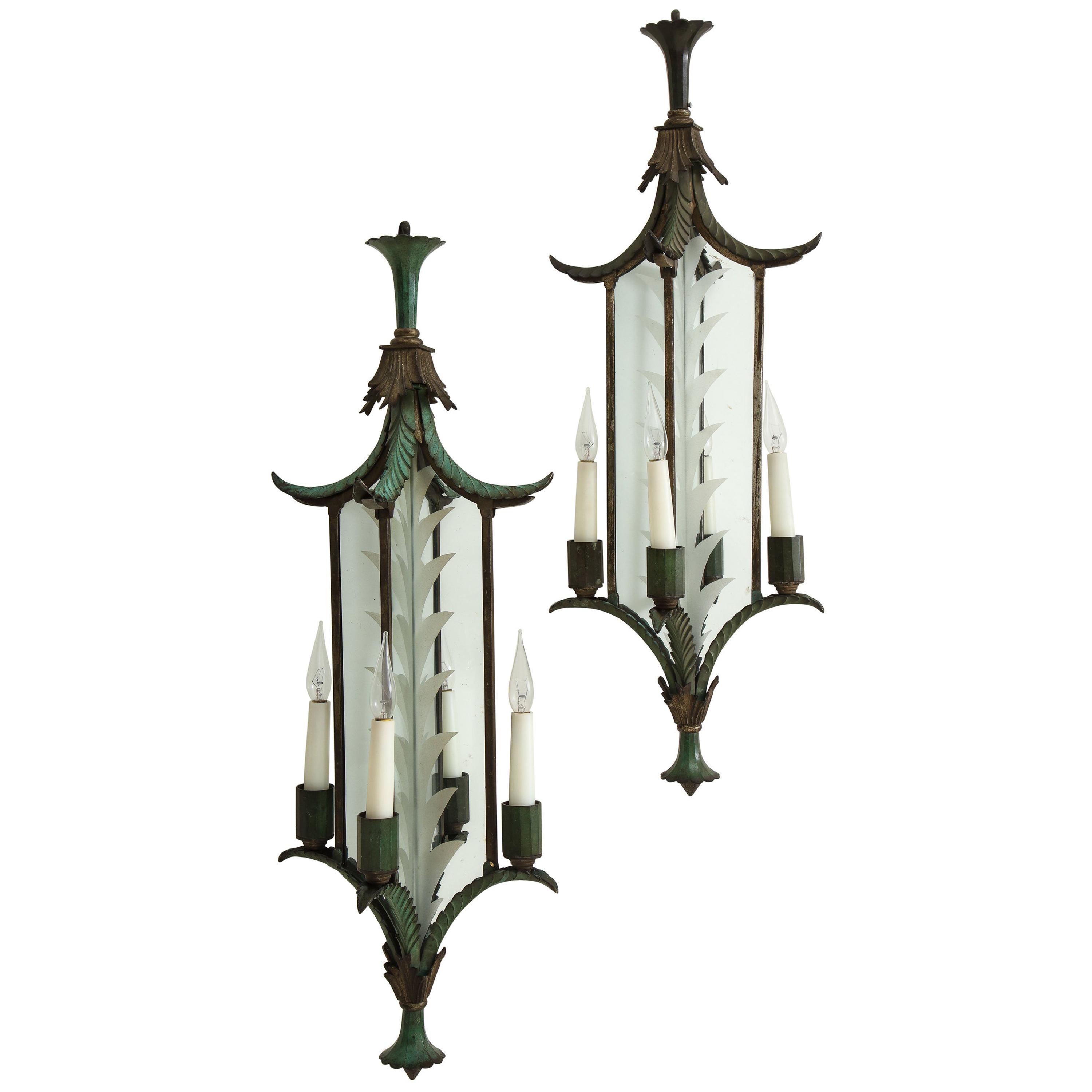 Pair of Green and Gilt-Painted Bronze and Glass Hanging Lanterns