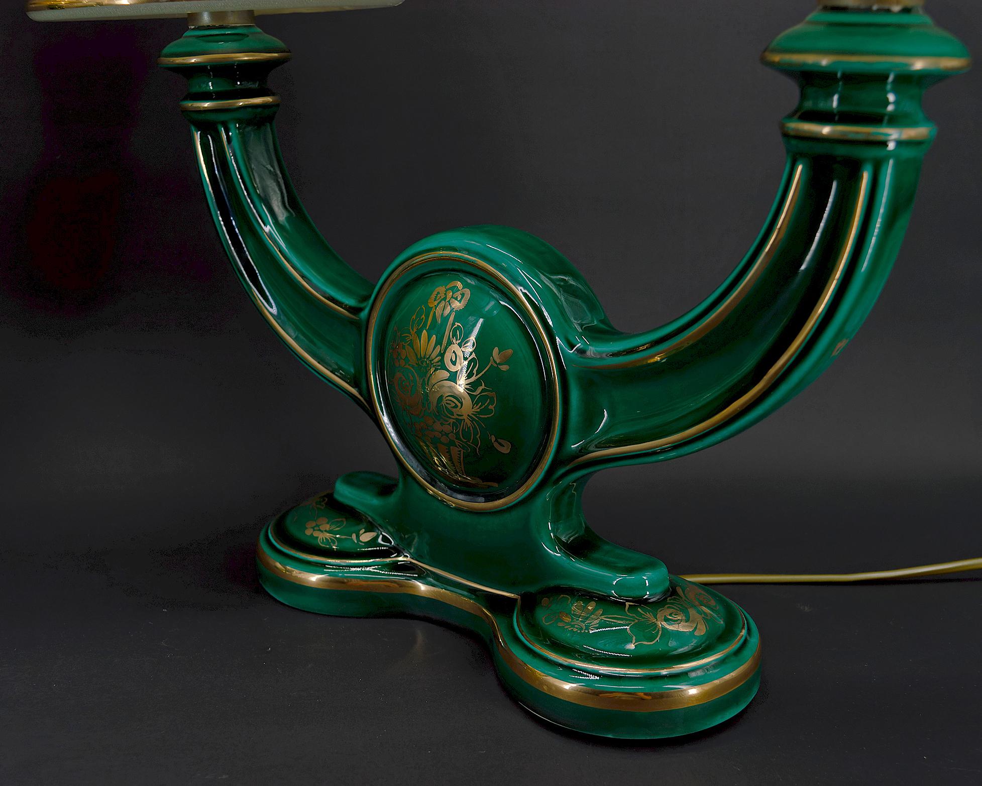 French Pair of Green and Gold Earthenware Lamps, circa 1940 For Sale