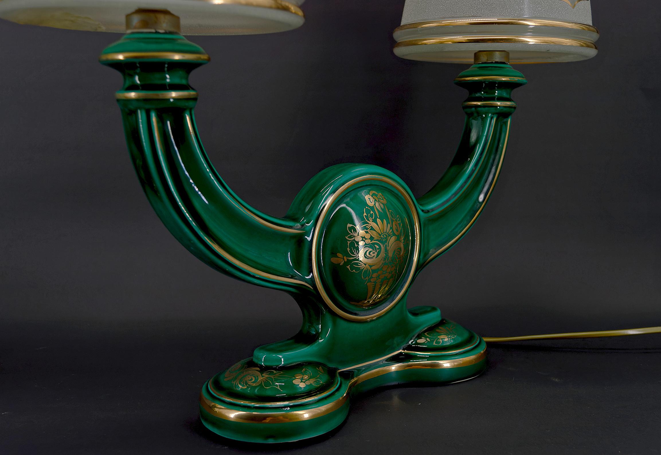 Enameled Pair of Green and Gold Earthenware Lamps, circa 1940 For Sale