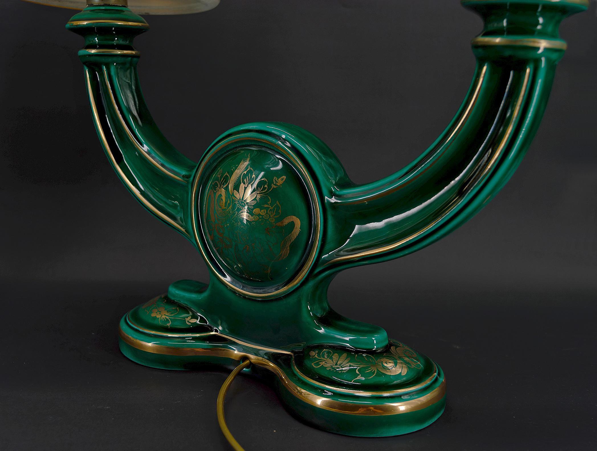 Mid-20th Century Pair of Green and Gold Earthenware Lamps, circa 1940 For Sale