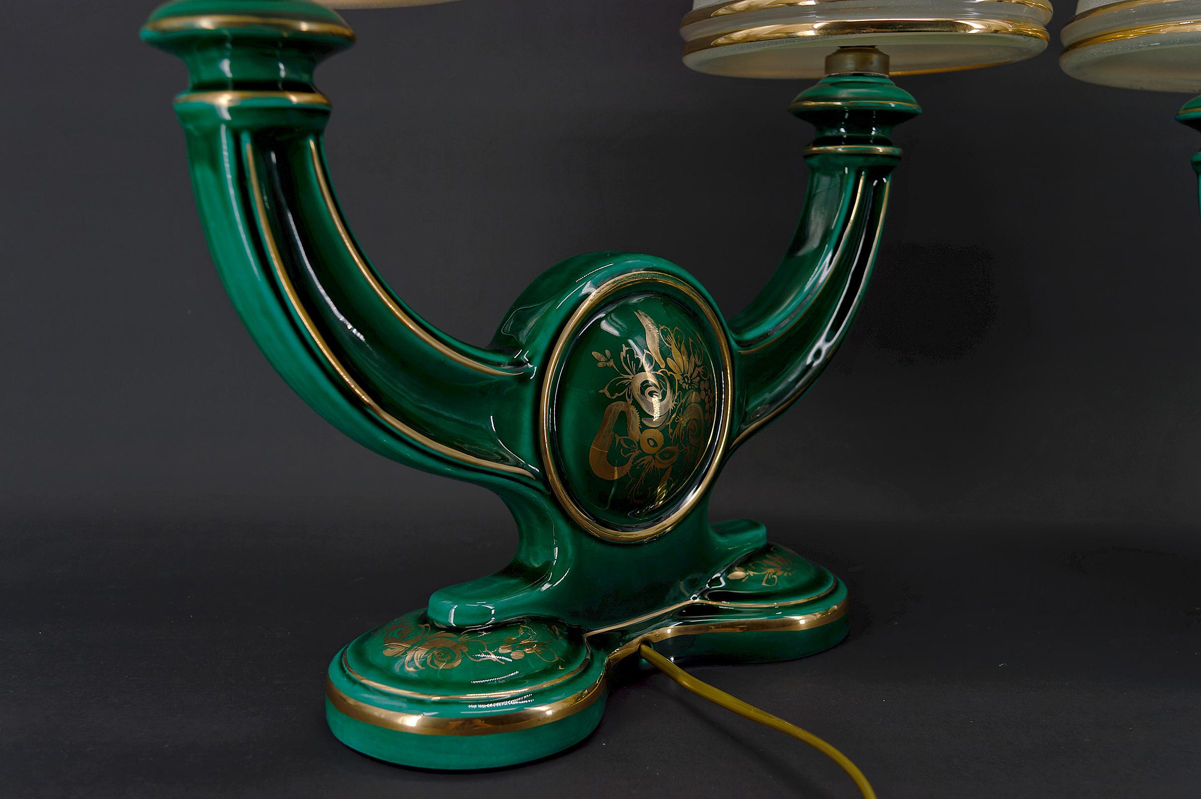 Pair of Green and Gold Earthenware Lamps, circa 1940 For Sale 1