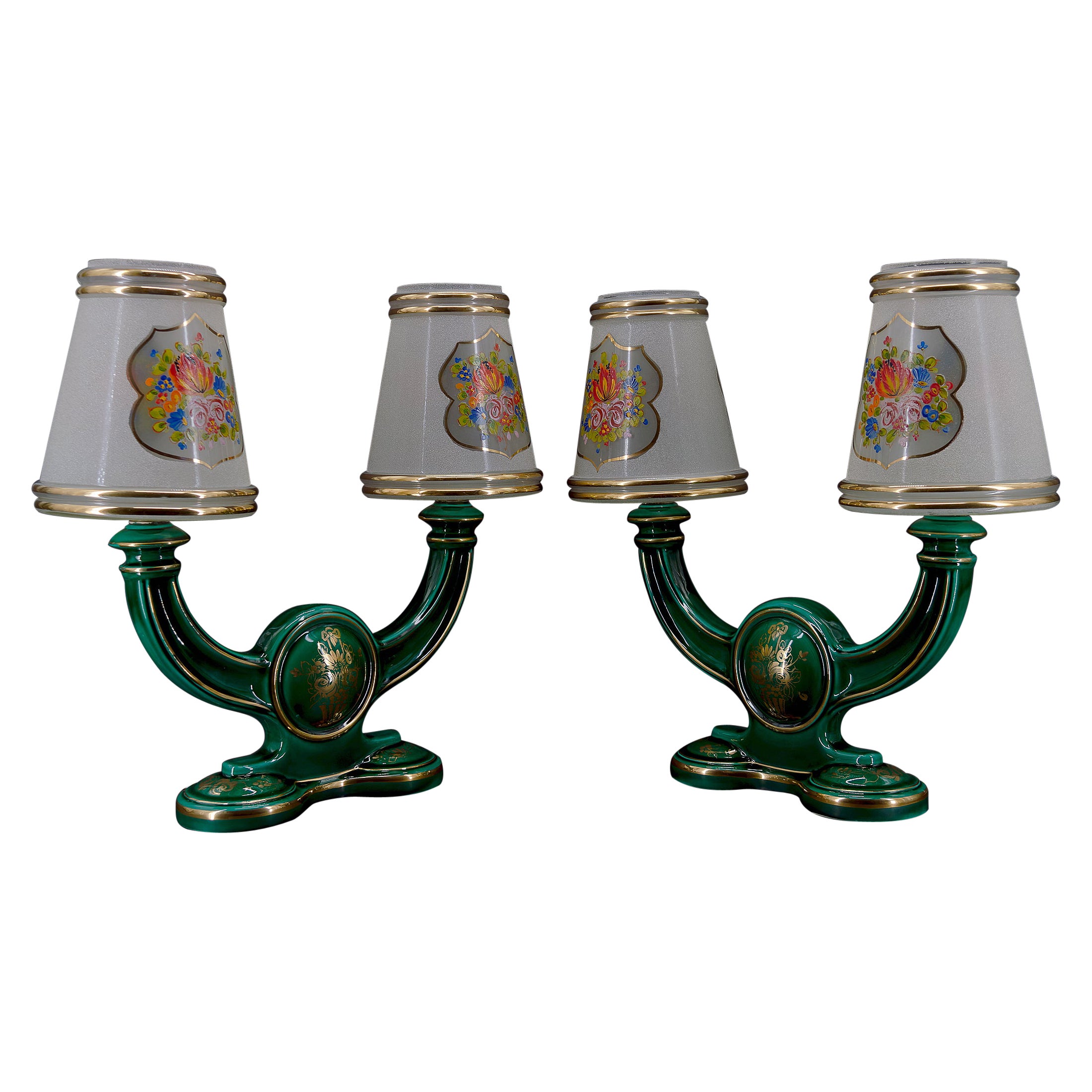 Coppia di lampade in terracotta verde e oro, 1940 circa in vendita