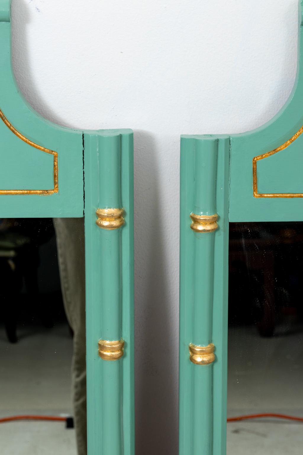 Pair of Green and Gold Faux Bamboo Mirrors In Good Condition In Stamford, CT