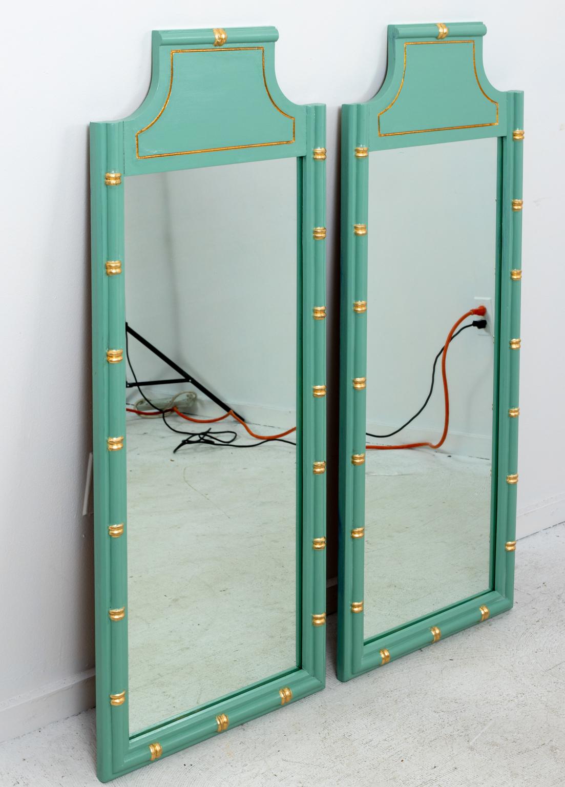 20th Century Pair of Green and Gold Faux Bamboo Mirrors