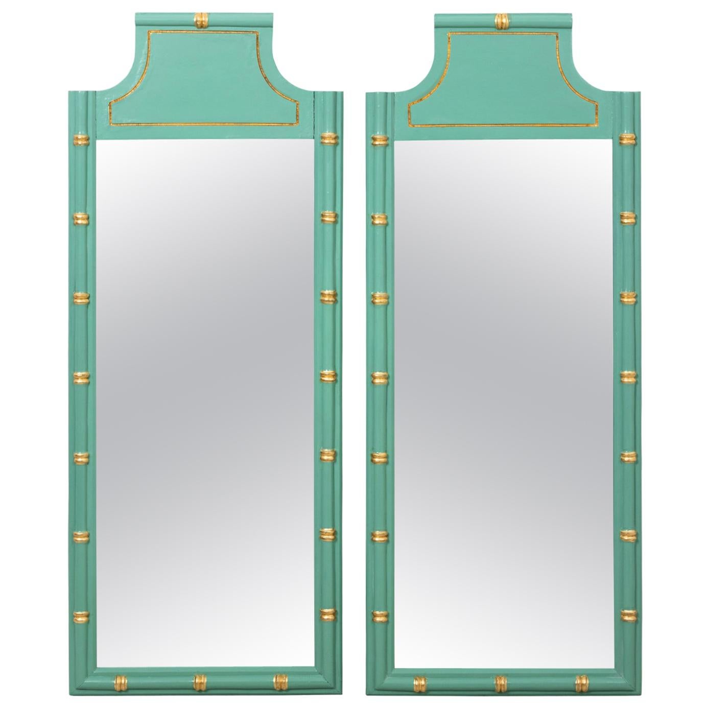 Pair of Green and Gold Faux Bamboo Mirrors