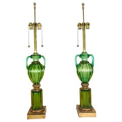 Pair of Green and Gold Marbro for Seguso Murano Lamps