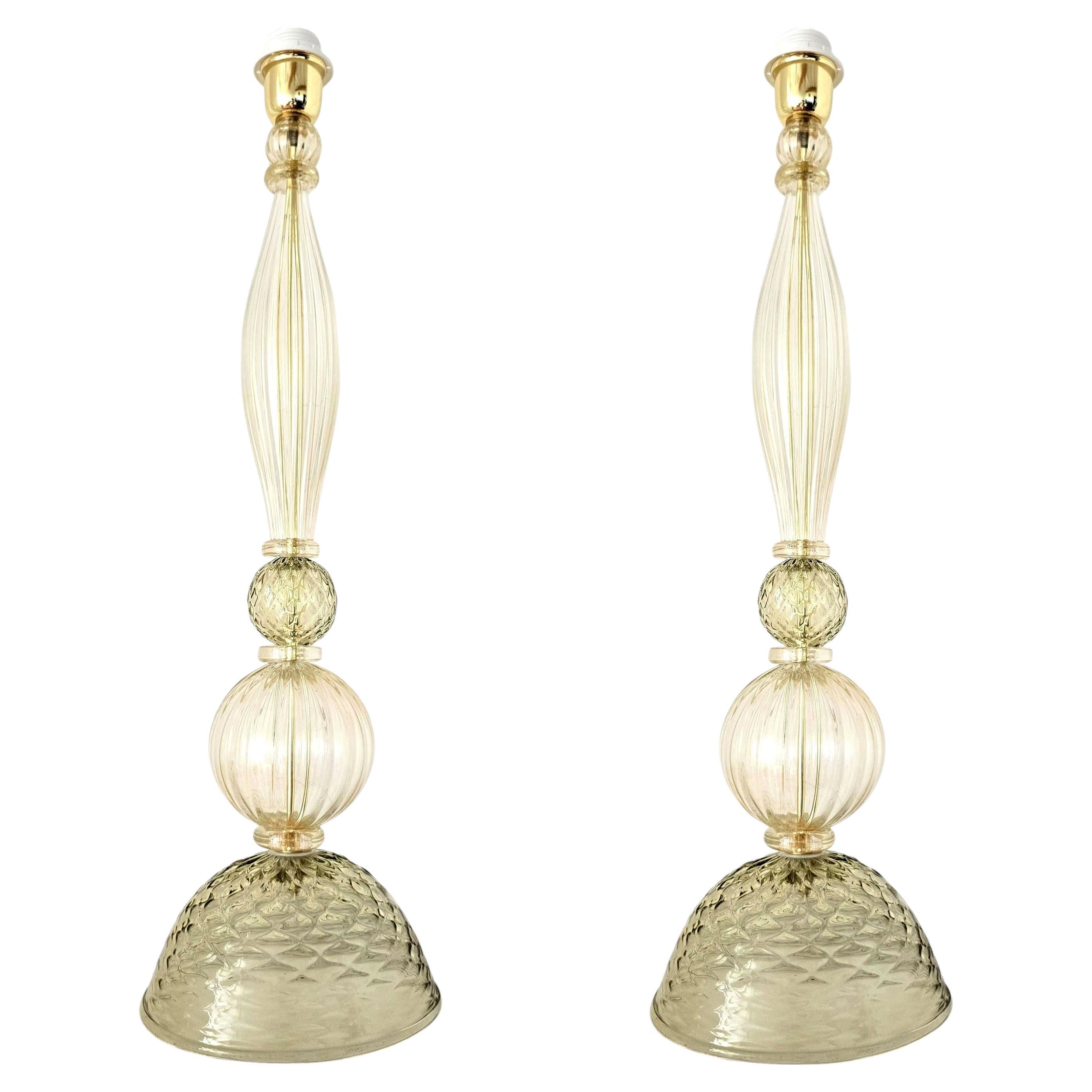 Coppia di lampade in vetro di Murano verde e oro in vendita
