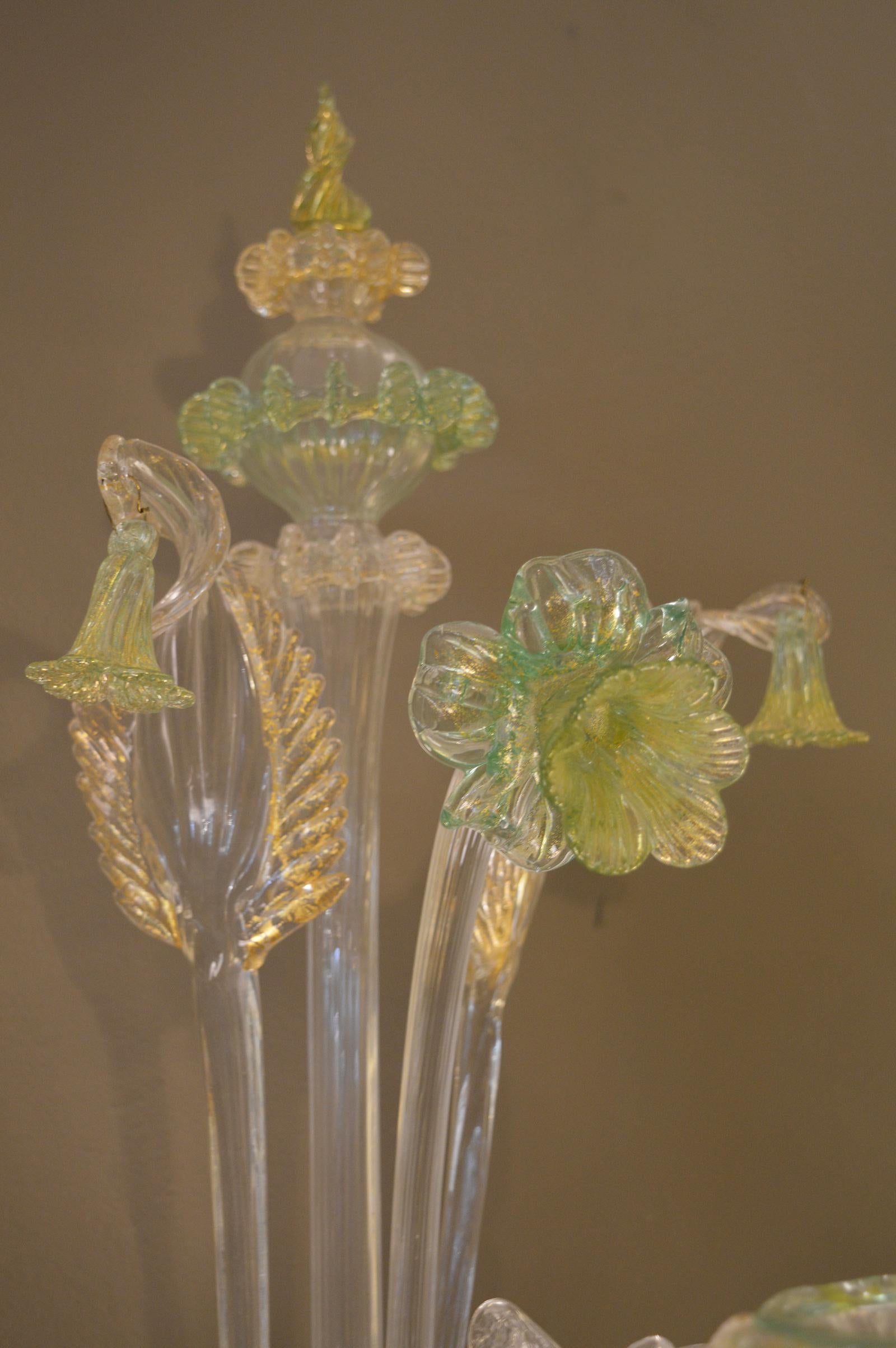 Pair of Green and Gold Murano Sconces In Excellent Condition In Los Angeles, CA