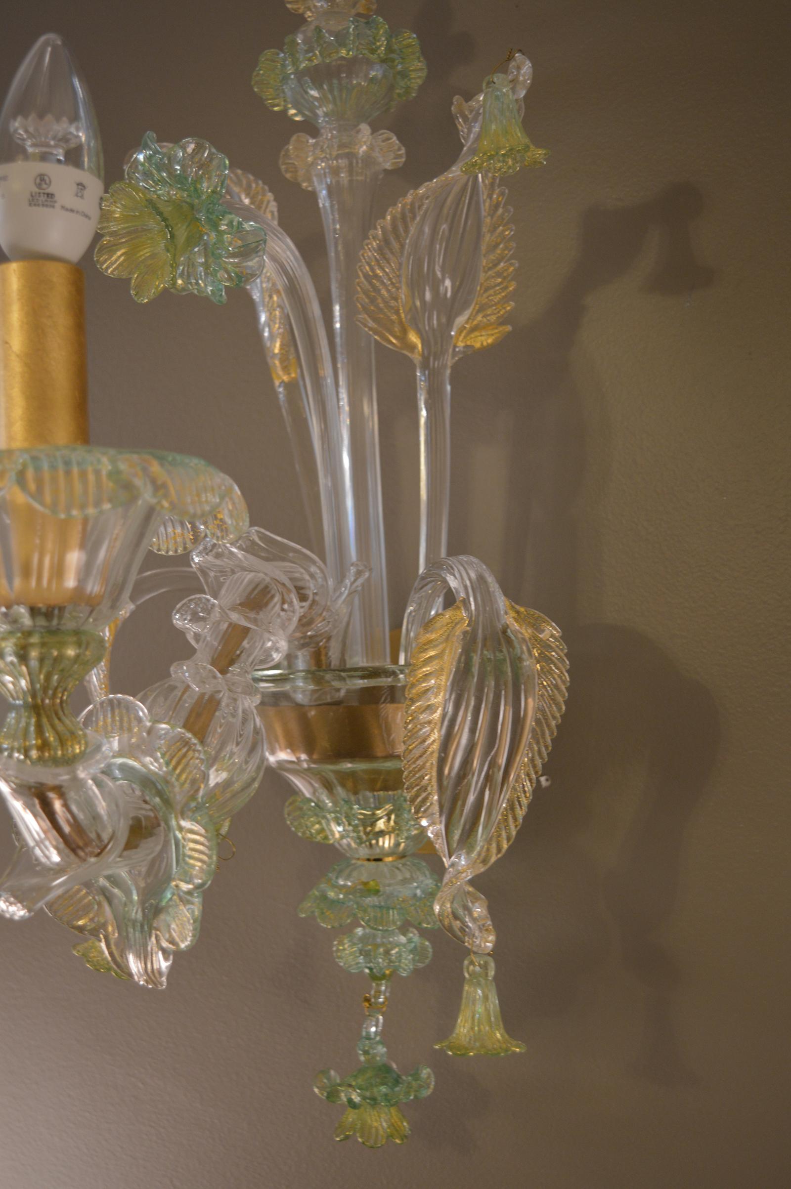 Glass Pair of Green and Gold Murano Sconces