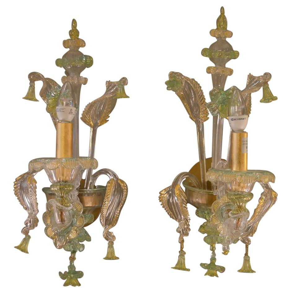 Pair of Green and Gold Murano Sconces
