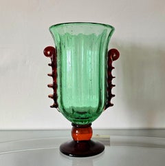 Pair of green and golden brown Murano glass vases