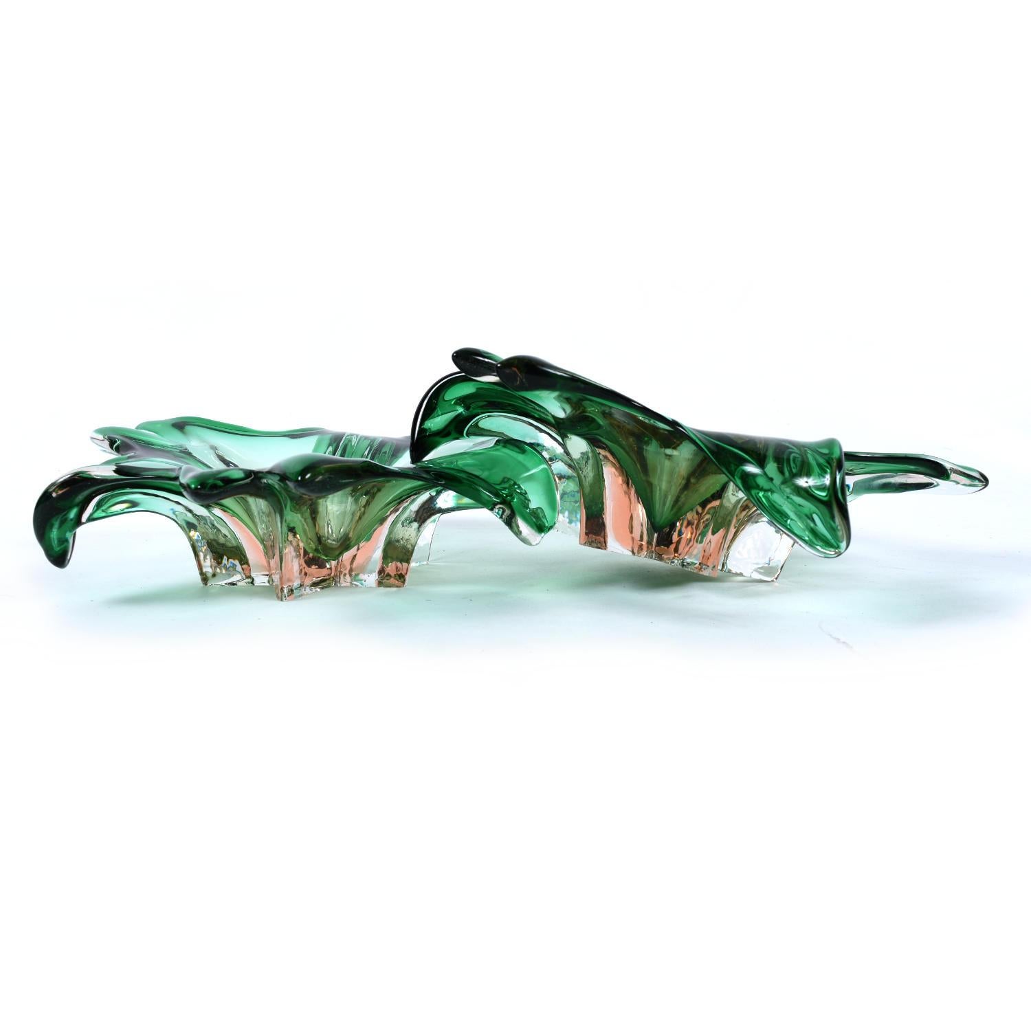 Art Glass Pair of Green and Pink Amorphic Botanical Floral Murano Glass Dishes For Sale