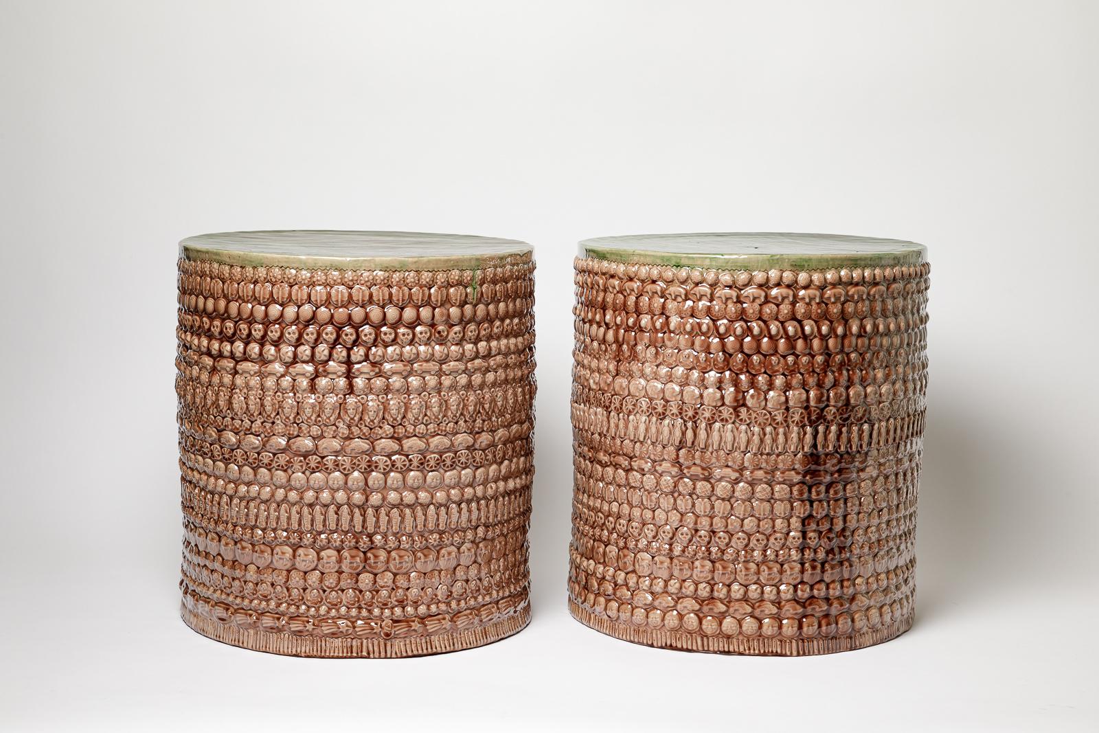 Pair of green and pink glazed ceramic tables by Sophy Mckeith, 2023. For Sale 5