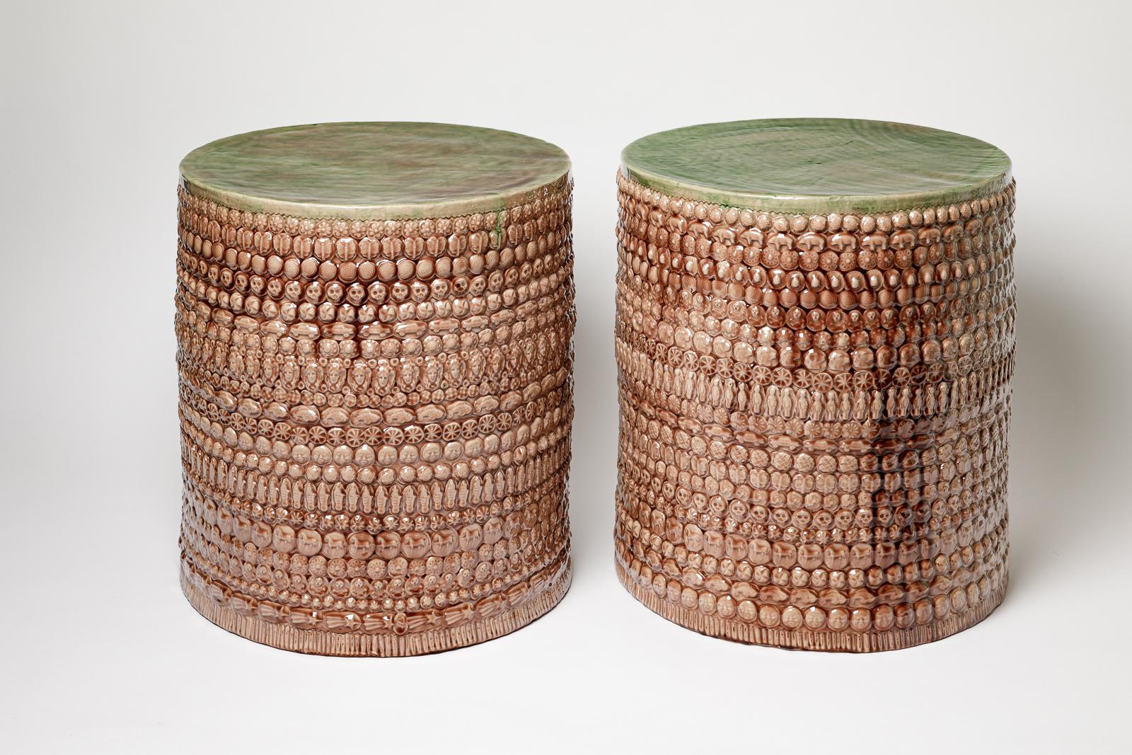 Pair of green and pink glazed ceramic tables by Sophy Mckeith, 2023. For Sale 6