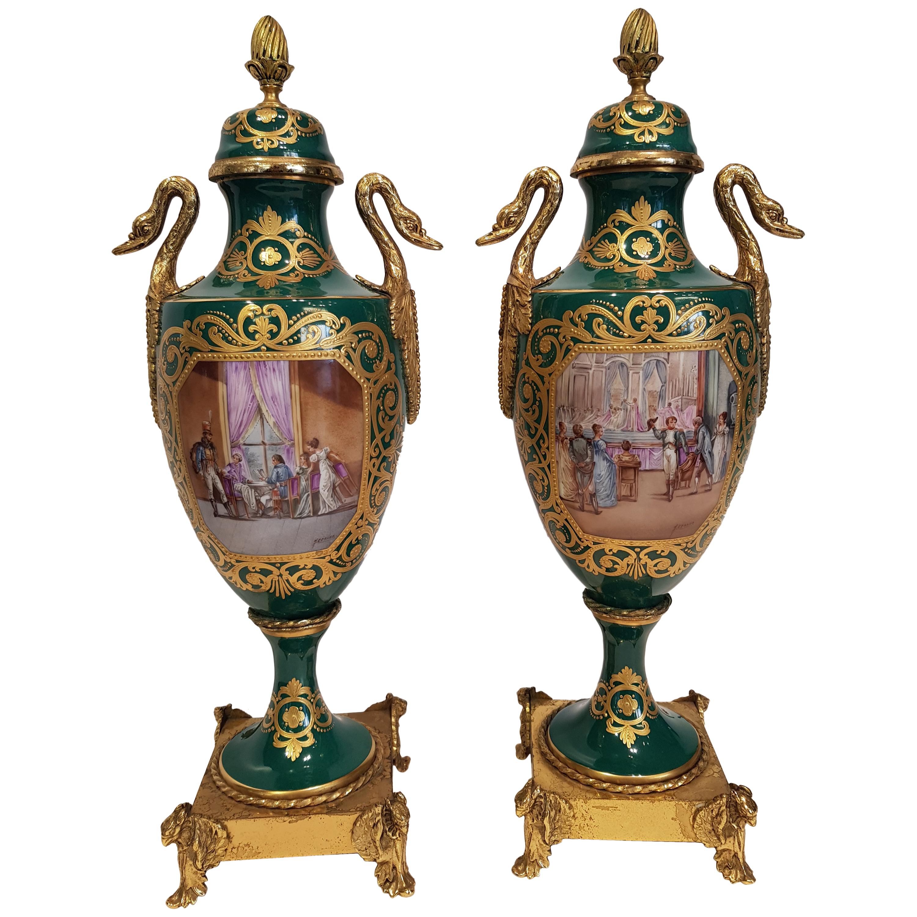 French vases in porcelain green and gold with figurative decoration 1960s For Sale