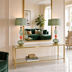Pair of green and salmon, mid century modern, Murano glass table lamps
