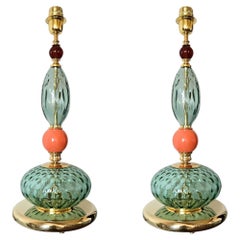 Pair of green and salmon, mid century modern, Murano glass table lamps