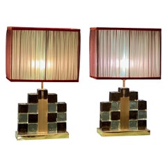 Pair of Green and Smoked Murano Glass Table Lamps with Our Lampshades, 1970s Pair of Green and Smoked Murano Glass Table Lamps with Our Lampshades, 1970s