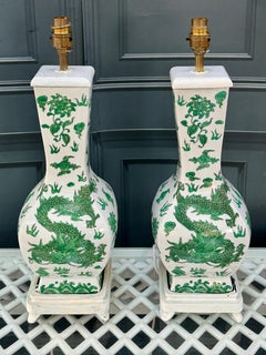 Pair Of Green And White Chinoiserie Dragon Motif Table Lamps