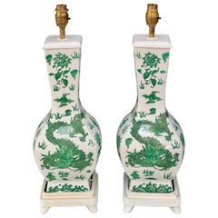 Pair Of Green And White Chinoiserie Dragon Motif Table Lamps