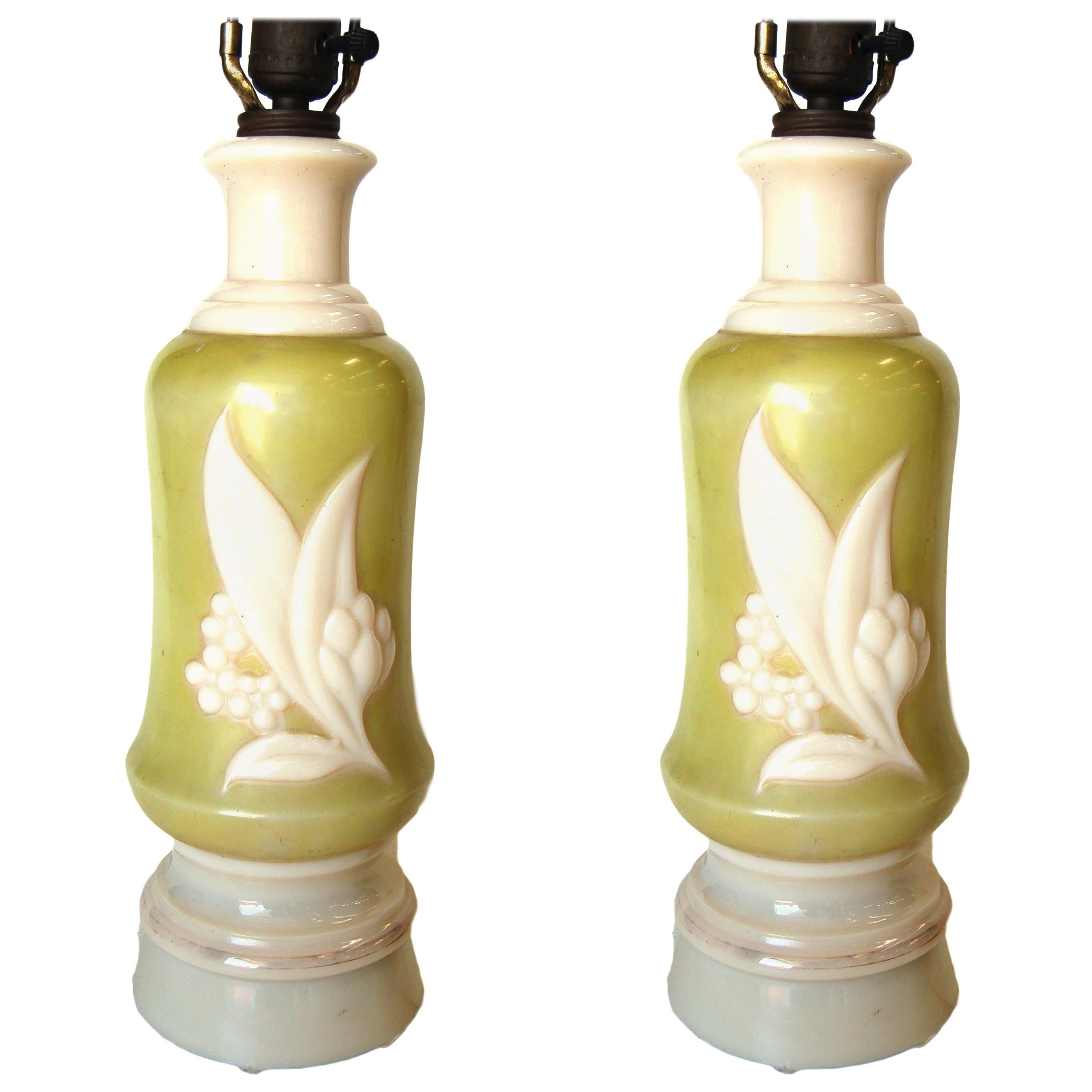 Pair of Aladdin Green and White Lily of the Valley Milk Glass Table Lamps
