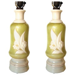 Pair of Aladdin Green and White Lily of the Valley Milk Glass Table Lamps