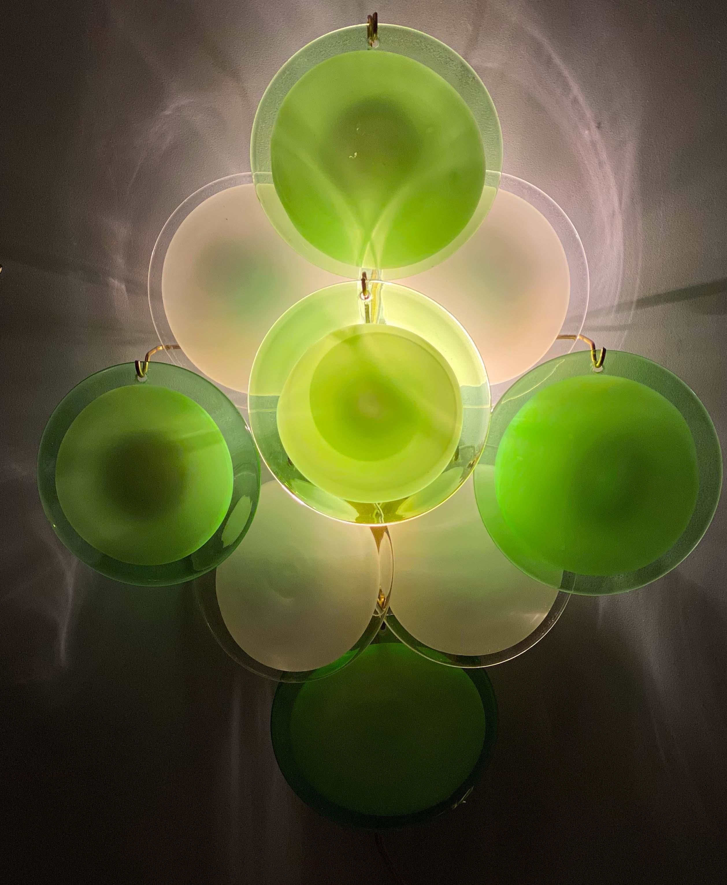 Mid-Century Modern Pair of Green and White Vistosi Disc Murano Glass Sconces or Wall Light, 1970s For Sale