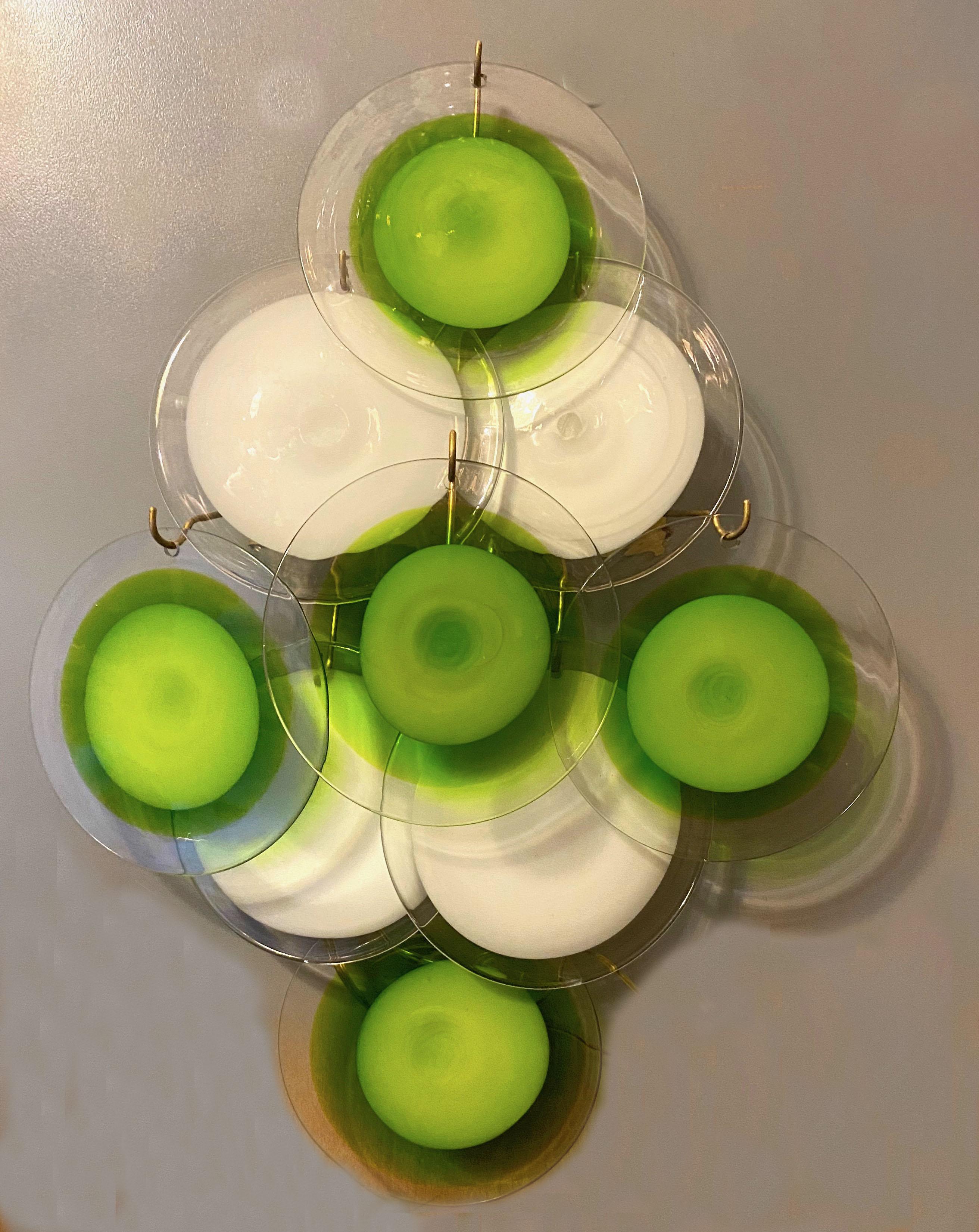 Italian Pair of Green and White Vistosi Disc Murano Glass Sconces or Wall Light, 1970s For Sale