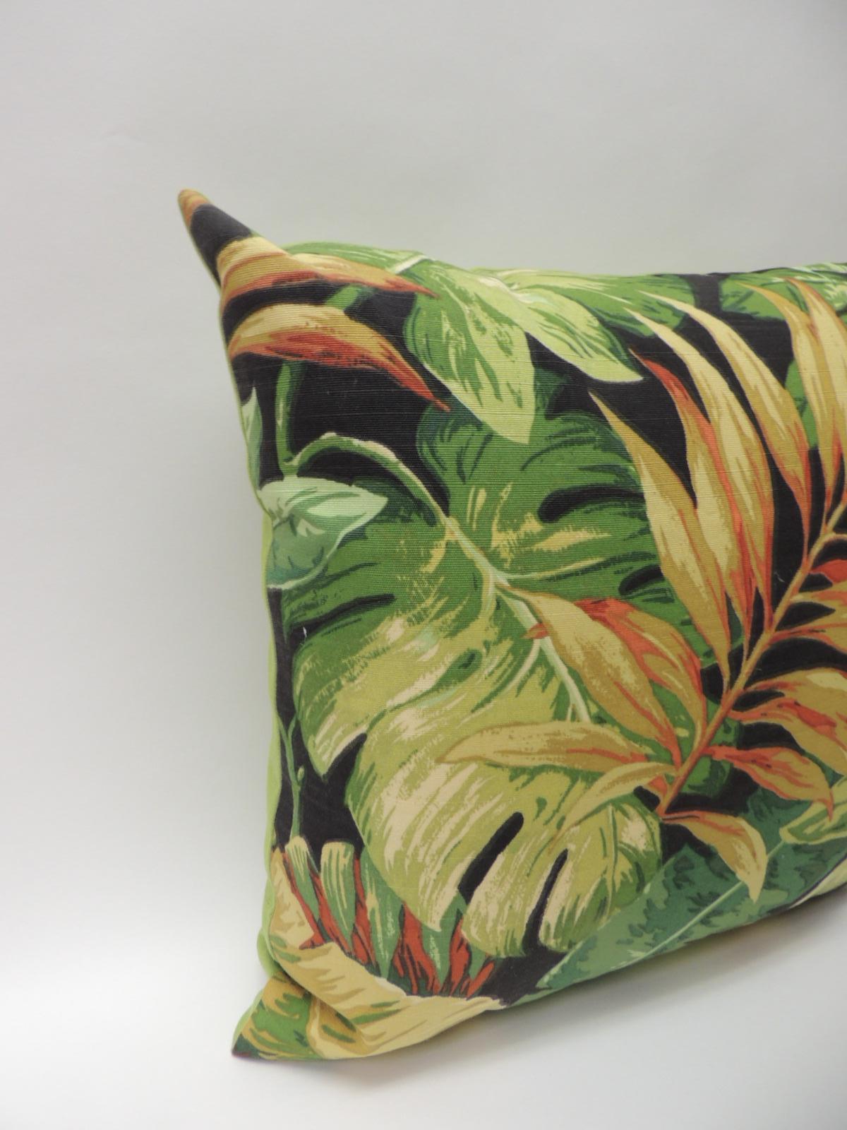 Pair of tropical design printed pillows, in shades of green, orange and black. Acid green backings. Palm beach Boho-chic. Throw pillows handcrafted and designed in the USA. Closure by stitch (no zipper closure) with a custom-made pillow