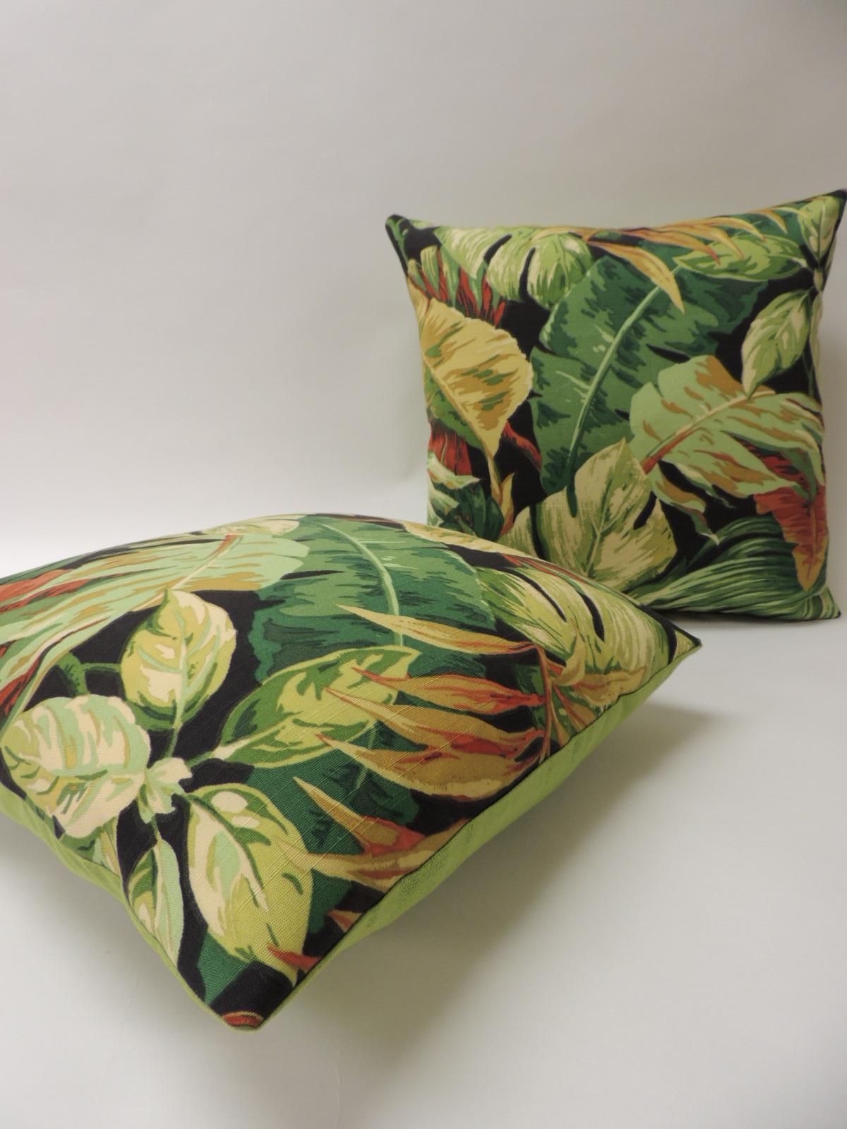 Mid-Century Modern Pair of Green and Yellow Tropical Leaf Bark Cloth Decorative Pillows