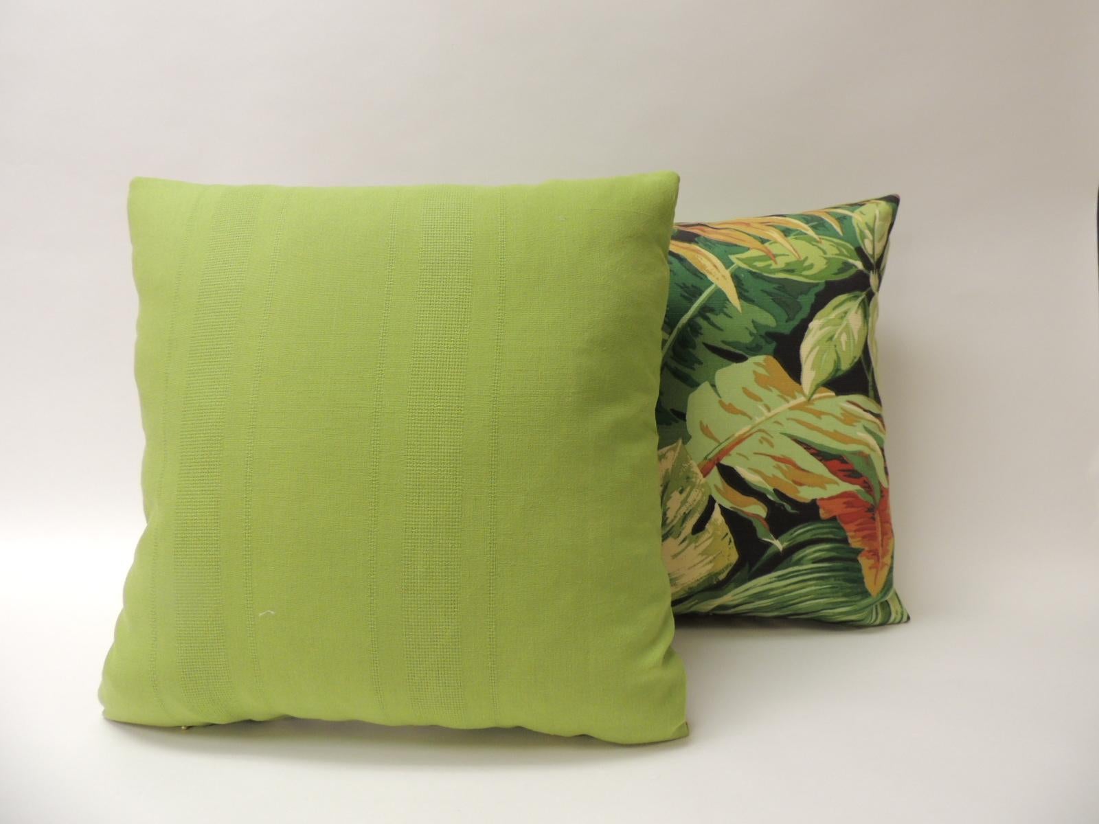 American Pair of Green and Yellow Tropical Leaf Bark Cloth Decorative Pillows