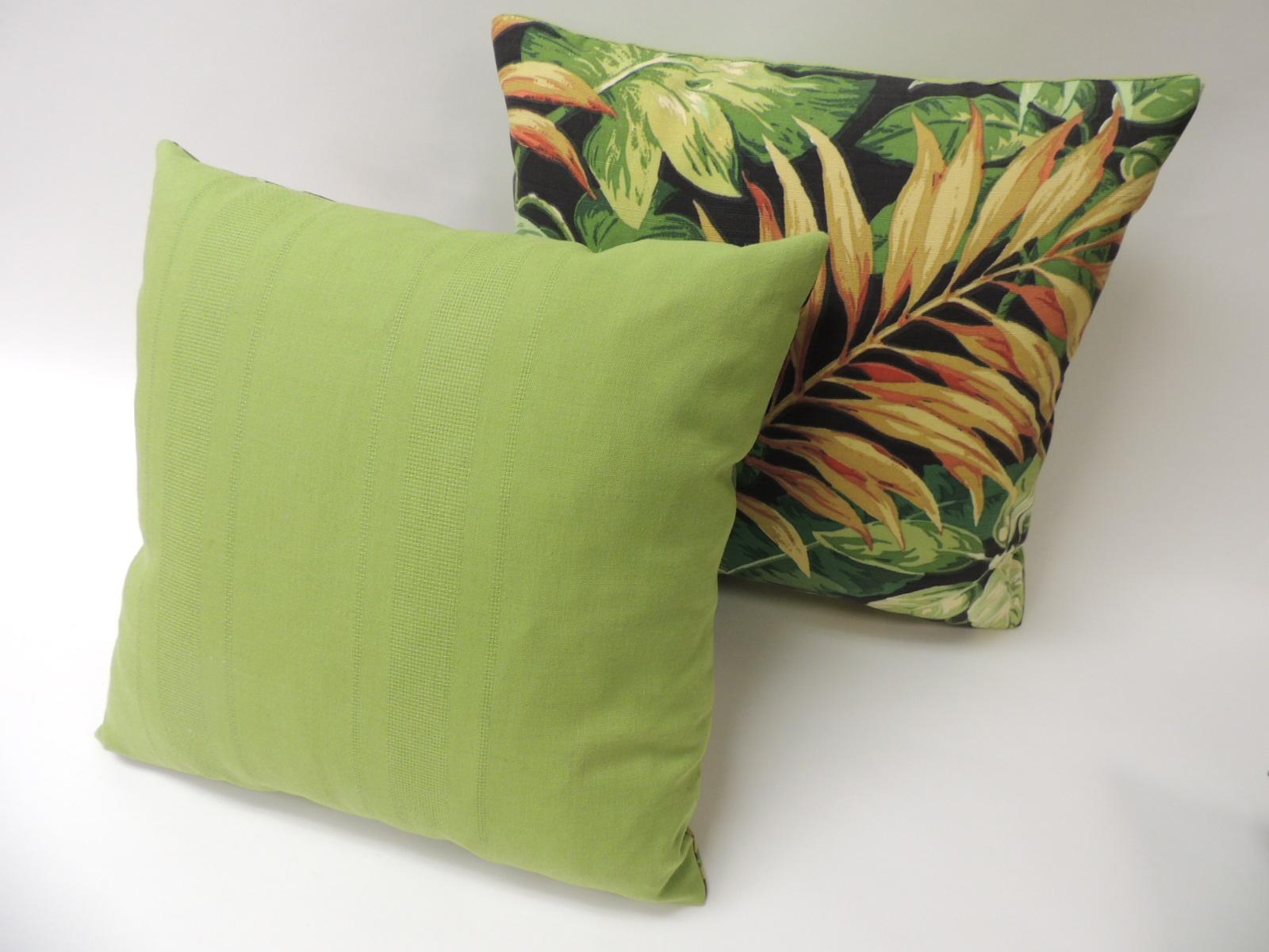 Mid-Century Modern Pair of Green and Yellow Tropical Leaf Bark cloth Decorative Pillows
