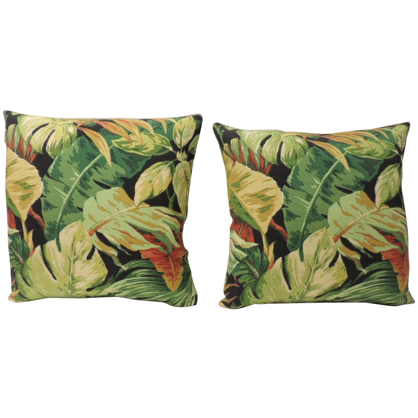 Pair of Green and Yellow Tropical Leaf Bark Cloth Decorative Pillows