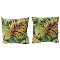 Pair of Green and Yellow Tropical Leaf Bark cloth Decorative Pillows