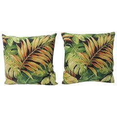 Pair of Green and Yellow Tropical Leaf Bark cloth Decorative Pillows