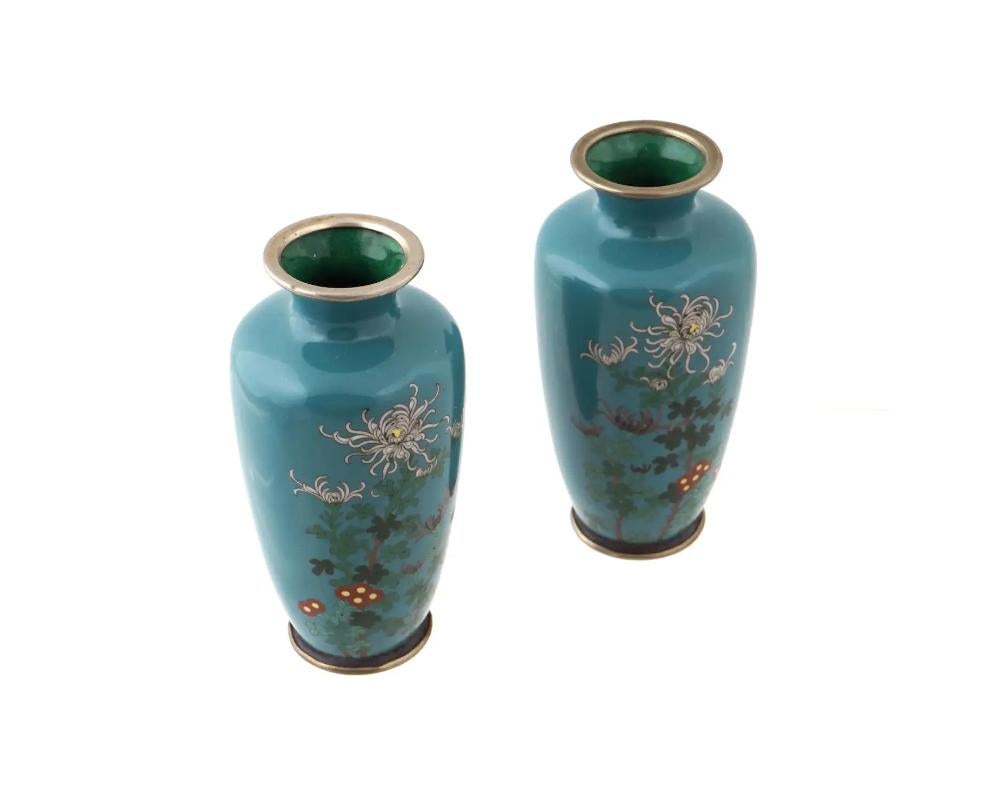 Cloissoné Pair of Green Antique Meiji Japanese Cloisonne Enamel Vases with Blossoming Chry