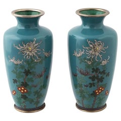 Pair of Green Antique Meiji Japanese Cloisonne Enamel Vases with Blossoming Chry