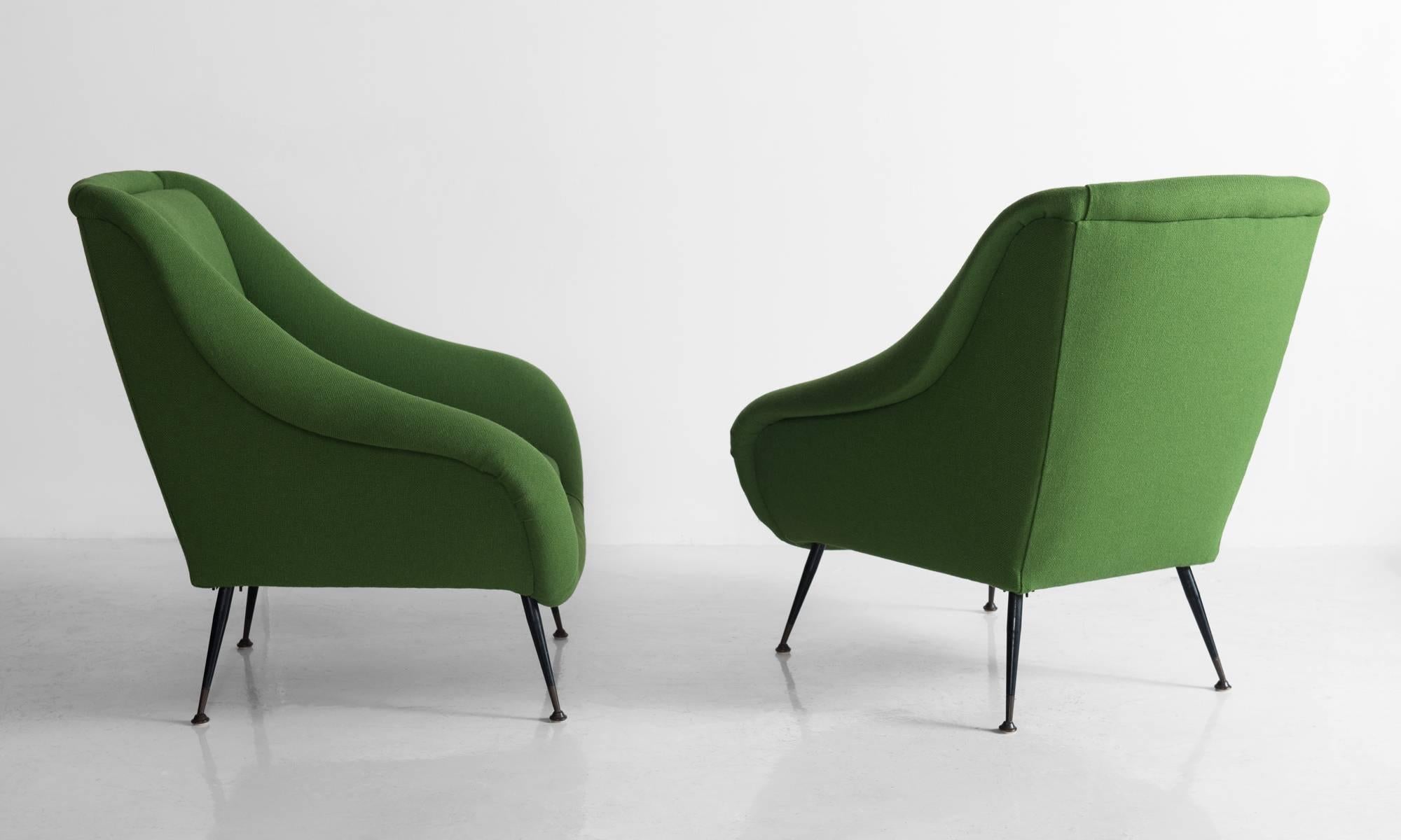 Modern Pair of Green Armchairs, circa 1960