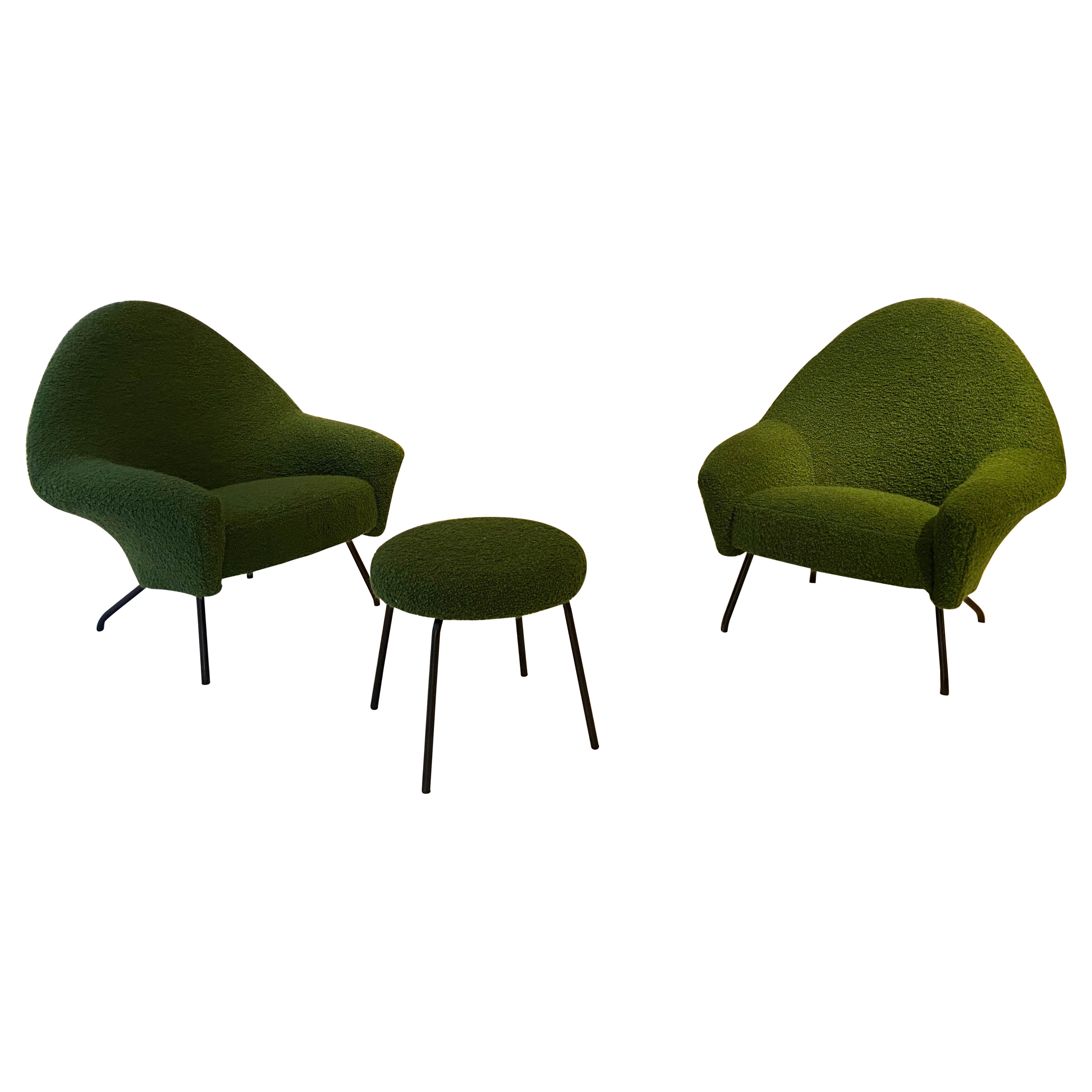 Pair of Green Armchairs and Ottoman by Joseph-Andre Motte For Sale