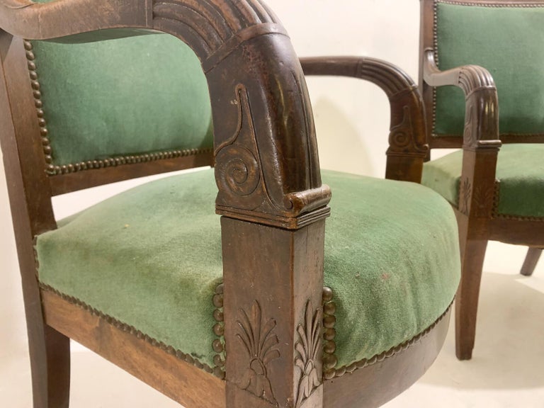 Fauteuil Empire En Acajou - Assise Cuir Vert - Reconditionné
